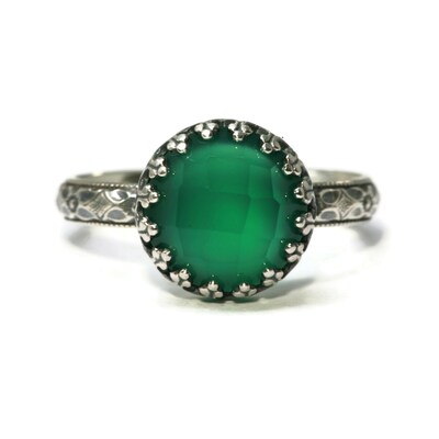 10mm Rose Cut Green Onyx 925 Antique Sterling Silver Ring by Salish Sea Inspirations - image1
